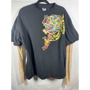 Y2K Vintage Kanji Mens Dragon Graphic Tshirt Mesh Tattoo Sleeve XL 100%Cotton